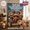 Highland Cow Christmas Advent Calendar 2026 box with cartoon cow illustrations and mini collectible figures on wood table.