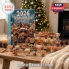 Highland Cow Christmas Advent Calendar 2026 featuring 24 miniature cow figurines in various outfits on a wooden table.