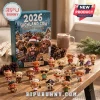 Highland Cow Christmas Advent Calendar 2026 box with diverse highland cow vinyl figurines displayed on a wooden table.