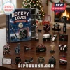 Hockey Lover Ornament Advent Calendar 2026 featuring 24 unique resin hockey-themed holiday decorations on a wooden table.