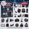 Hockey Lover Ornament Advent Calendar 2026 box featuring 24 miniature acrylic hockey themed figures and sports equipment.