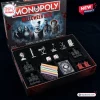 Horror Halloween 2026 Monopoly Game featuring metal character tokens, custom blood-spattered dice, and themed board game cards.