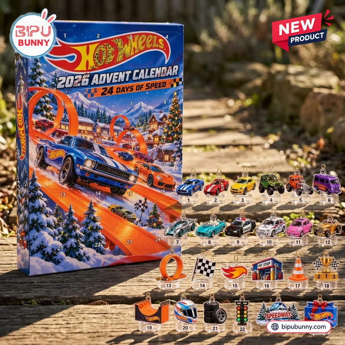 Front view of Hot Wheels 2026 Christmas Advent Calendar box with miniature toy cars displayed on wooden steps.