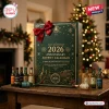Jameson Irish Whiskey 2026 Anniversary Advent Calendar in dark green with a red bow, sitting on a wooden table with miniatures.