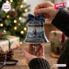 Jaws 50th Anniversary 1975-2025 bell ornament with shark and boat graphic, navy blue bow, and shark tooth clapper.