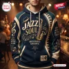 Front view of the Jazz Soul Midnight Groove Piano Hoodie featuring a saxophone, fedora, and musical notes.