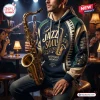 Man wearing a Jazz Soul Midnight Groove Piano Hoodie while holding a brass saxophone in a lounge setting.