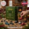 Jeep 85th Anniversary 2026 Advent Calendar box in green with miniature die-cast Jeep vehicle models on a wood surface.