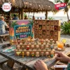 Jimmy Buffett Advent Calendar 2026 featuring 24 small beach-themed character figurines on a wooden table at a tiki bar.