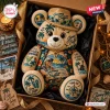 Front view of a Jimmy Buffett Plush Teddy Bear decorated with tropical graphics inside a gift box.