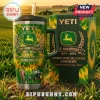 John Deere 189th Anniversary YETI Handle Tumbler featuring green farm branding, a tractor graphic, and a farmer silhouette.