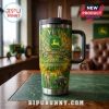 John Deere 189th Anniversary YETI handle tumbler featuring green and yellow tie-dye patterns, a tractor, and branding logos.