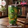 John Deere 189th Anniversary YETI handle tumbler featuring yellow and green tie-dye, farmer graphic, and tractor emblem.
