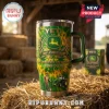 John Deere 189th Anniversary YETI handle tumbler featuring green and yellow farm graphics, a farmer, and tractor on straw.