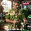 John Deere Field Fuel Tropical Hawaiian Shirt featuring agricultural motifs, green tractors, and farm scenes on tan fabric.