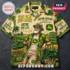 John Deere Field Fuel Tropical Hawaiian Shirt featuring a bearded man, vintage tractors, and farm imagery in green and tan.