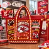 Kansas City Chiefs crocheted tote bag featuring red and gold yarn, embroidered football, arrowhead logo, and stadium patch.