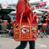 Kansas City Chiefs Crocheted Tote Bag featuring red and gold team logos, football icons, and stadium graphics.