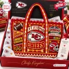 Kansas City Chiefs crocheted tote bag featuring team logos, football, and stadium motifs in red, gold, and white yarn.