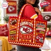 Kansas City Chiefs Crocheted Tote Bag featuring red and gold yarn, stadium graphics, footballs, and team logo patches.