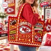 Kansas City Chiefs crocheted tote bag with red, gold, and white yarn featuring team logos, football, and stadium motifs.