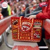 Kansas City Chiefs crocheted tote bag in red, yellow, and white yarn with team logos, helmets, and stadium graphics.