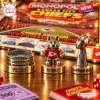 Closeup of three metal player tokens including a stadium, mascot, and trophy on a Kansas City Chiefs Monopoly board game.