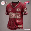 Front view of a distressed red Kansas City Chiefs football t-shirt featuring frayed edges, patches, and the year 1960.