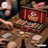 Kansas City Chiefs NFL Poker Set featuring red leather case, team logo, branded poker chips, and playing cards on wood.