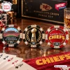 Kansas City Chiefs NFL poker set with chips featuring GEHA Field, the Lombardi Trophy, and team logos on a wooden table.