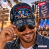 Front view of a man wearing a distressed denim cap with Kenny Chesney Eric Church Vibe Room 2027 tour graphics.