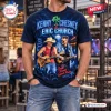 Front view of a navy blue t-shirt featuring a Kenny Chesney x Eric Church Vibe Room 2027 Tour graphic with two musicians.