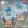Front and back view of a blue sky patterned hoodie featuring a pink character with a green hat and fantasy landscapes.