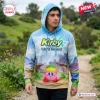 Front view of a person wearing a Kirby and the World Beyond Blue Sky Hoodie with a printed landscape scene.