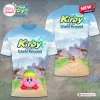 Front and back view of a blue t-shirt featuring a Kirby and the World Beyond Blue Sky graphic print.