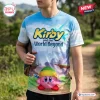 Front view of a Kirby and the World Beyond Blue Sky shirt featuring a pink character in a green cap against a blue sky.