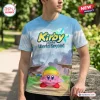 Front view of a person wearing a Kirby and the World Beyond Blue Sky shirt featuring a grassy landscape and a character.