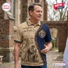 Man wearing a Knights of Columbus Crusader Knight polo shirt with a graphic of a kneeling knight and a cathedral.