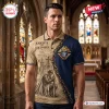Front view of a man wearing a Knights of Columbus Crusader Knight polo shirt with church background.