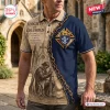 Front view of a Knights of Columbus Crusader Knight polo shirt featuring a kneeling knight and barbed wire graphic.