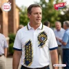 Front view of a man wearing a white polo shirt with blue collar trim and Knights of Columbus branding.