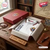 White polo shirt with Knights of Columbus emblem and text inside a gift box on a wooden desk.