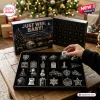 Las Vegas Raiders Christmas Advent Calendar 2026 with 24 black and silver team-themed ornaments on a wooden table.