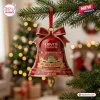 Levi’s Stadium 80th Anniversary Red Bell Ornament hanging on a pine tree featuring a gold stadium graphic and bow.
