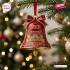 Levi’s Stadium 80th Anniversary Red Bell Ornament hanging on a Christmas tree with gold details and a miniature football clapper.