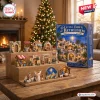 Front view of O Little Town of Bethlehem Nativity Advent Calendar 2026 displayed with assembled village figurines on a wooden shelf.