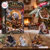 Front view of Lord of the Rings Christmas Advent Calendar 2026 box with figurines arranged on a wooden table.