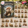 Front view of the Lovely Otter Advent Calendar box next to twenty-four miniature otter figurines.