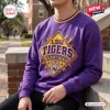 Front view of a purple LSU Tigers mascot sweatshirt featuring a diamond-shaped emblem and a tiger graphic.