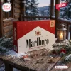 Marlboro Advent Calendar 2026 featuring red and white numbered cardboard box with branded acrylic ornaments on wooden deck.